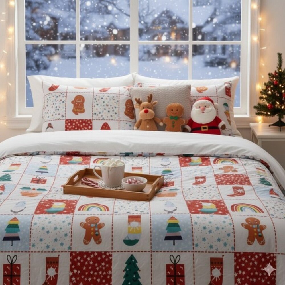 Next Christmas Queen Quilt Bedspread Gingerbread Snowman Gnomes Holiday pompom